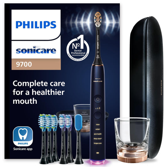 Philips Sonicare DiamondClean Smart 9700 Electric Toothbrush, Sonic Toothbrush with App, Pressure Sensor, Brush Head Detection, 5 Brushing Modes and 3 Intensity Levels, Lunar Blue, Model HX9957/71