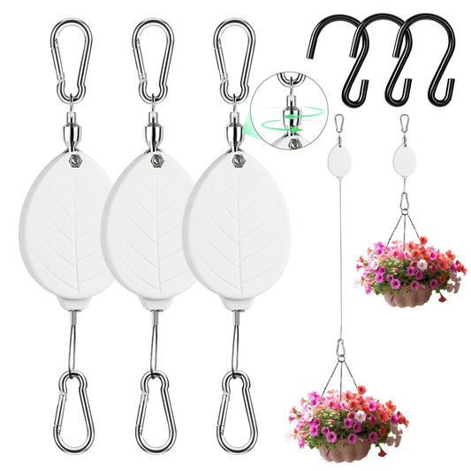 ZUZUAN 2026New 3Pcs Retractable Plant Hanger with Leaf Texture,44Lbs Load Capacity,Auto Lock,Adjustable Hook for Hanging Plants,Bird Feed,Wind Chimes,Garden Pots,Rust-Proof Stainless Steel,White