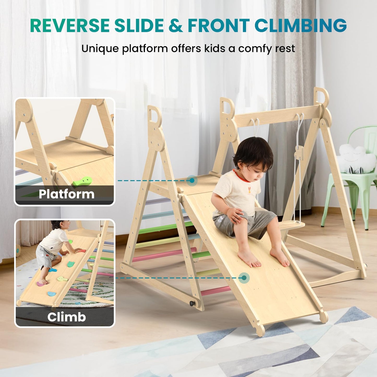 BlueWood 4 in 1 Indoor Jungle Gym, Foldable Wooden Climbing Set with Swing, Slide, Ladder and Climbing Wall, Montessori Philosophy Climber Playset for Kids Aged 2+ (Rainbow)