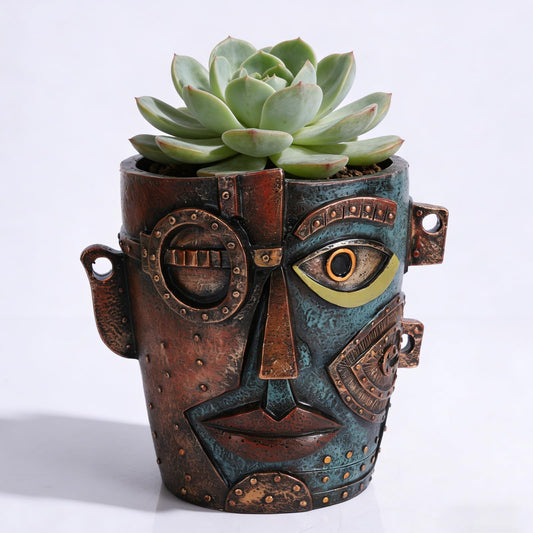 oliruim Abstract Face Planter Pot with Drainage Hole, Funky Retro Resin Head Planter for Indoor Outdoor Plants, Colorful Flower Pot for Succulents, Home Decor (Vintage Gold)