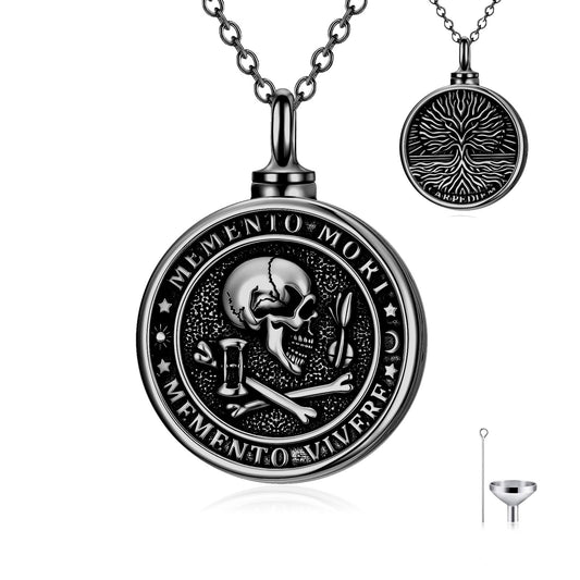 Memento Mori Black Urn Necklace for Ashes Gothic Skull Cremation Pendant Tree of Life Memorial Jewelry Stoicism Mori Keepsake Ashes Necklace Gift for Men Women Husband Boyfriend Dad 22+2 Inch Chain