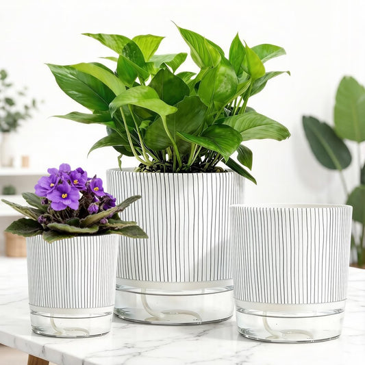 XKYQSY 3 Pack 4.3+5.5+6.3 Inch Self Watering Pots Set, Self Watering Planter with Reservoir and Wick Rope for Indoor/Outdoor Plants, Modern Houseplants Pots for African Violets,Cactus,Succulents