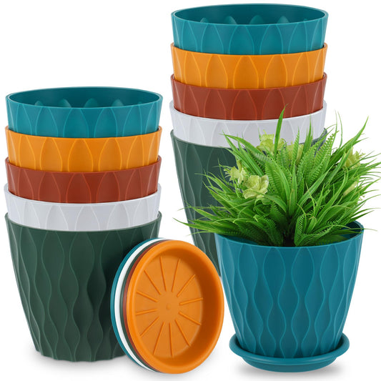Suclain 10 Pack 6 Inch Plant Pots with Drainage Hole and Tray Saucer Plastic Flower Pots for Indoor Plants for Your Room, Office, Garden Decor(Wave)