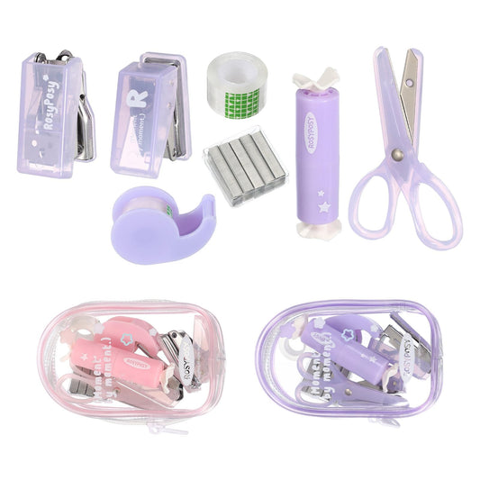 PATIKIL 2 Pack Office Supplies Set, 7pcs Desk Supplies Set Stapler Tape Dispenser Scissors Accessories Kit Mini Office Supply Kit Cute Small for Desk Women Organizer, Pink Purple