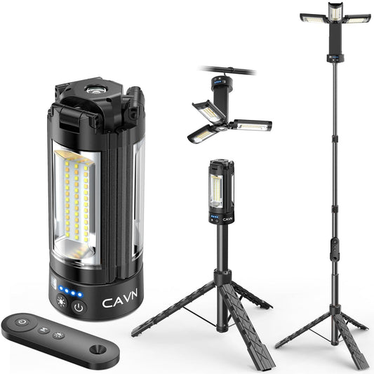 CAVN Rechargeable Camping Lights with Remote & Detachable Tripod Max Height 6.0 ft, Portable Work Light with 3 LED Lamp Heads, Camping Essentials Gear Emergency Flashlight with Hook, Black