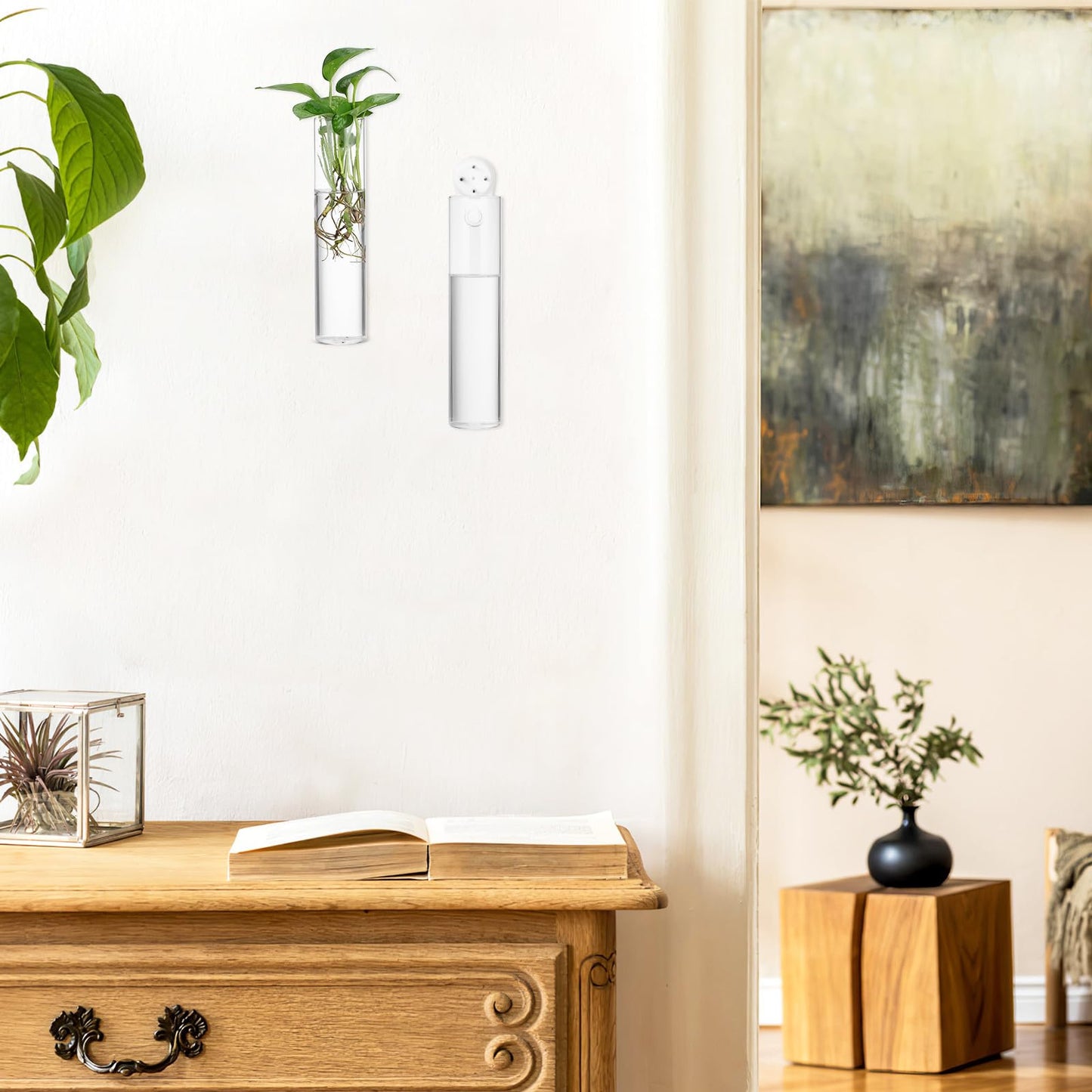 GLEAVI Wall Mounted Flower Vase Set 2pcs Large Cylinder Glass Tubes Hanging Wall Planter for Indoor Plants Home Décor Terrarium Holder
