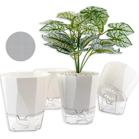 BovcTrraann 4 Packs Self Watering Plant Pots, Plastic Flower Pots with Drainage Hole and Saucer, Self Watering Planters for Indoor Outdoor Garden Plants, African Violet, Herbs (White, 5")
