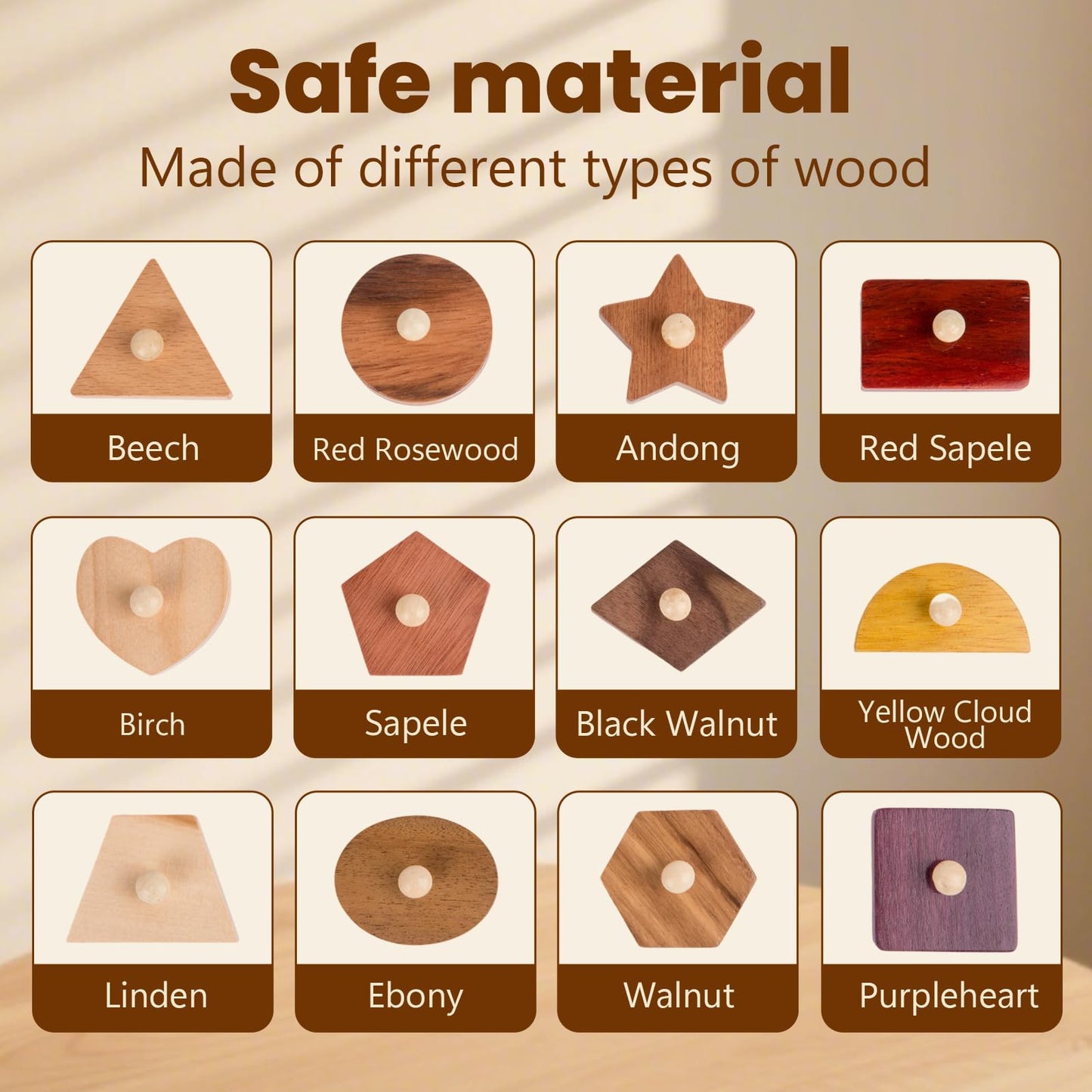 Adena Montessori Wooden Puzzles for Toddlers 1-2, 12 Piece Shape Peg Board with Knobs Educational Learning Toys for 1-2 Year Old Natural Wood Shape Sorter for Babies Durable Montessori Toys