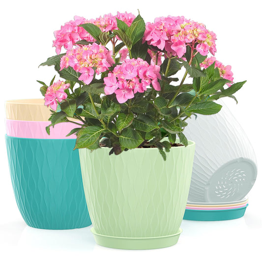 KAHEAUM 6 inch Flower Pots for Plants with Drainage Holes and Saucer, 5 Pack Plastic Plant Pots Indoor Planters for Outdoor Plants Small Garden House Home Decor, Nursery Pots for Succulent Colorful