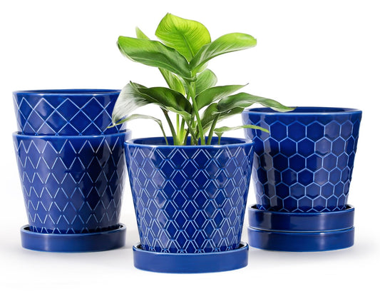 EFISPSS Ceramic Plant Pots, 5Inch Pots for Indoor Plants, Planters with Drainage Holes and Ceramic Tray,Plant Lover Gift, Desktop Office Windowsill Decoration Gift Set of 4 - Blue