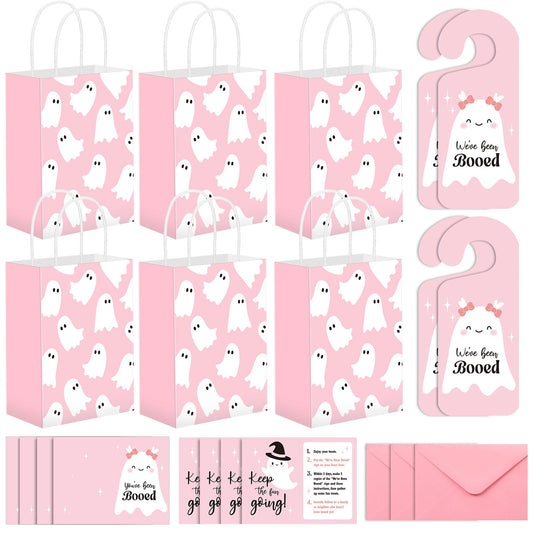 Resholder 24 Set Halloween You've Been Booed Ghost Paper Gift Treat Bag Kit with 24 Boo Gift Bags 24 Cardstock 24 We've Been Booed Doorknob Hangers 24 Envelopes for Neighbors Friends(Pink Ghost)