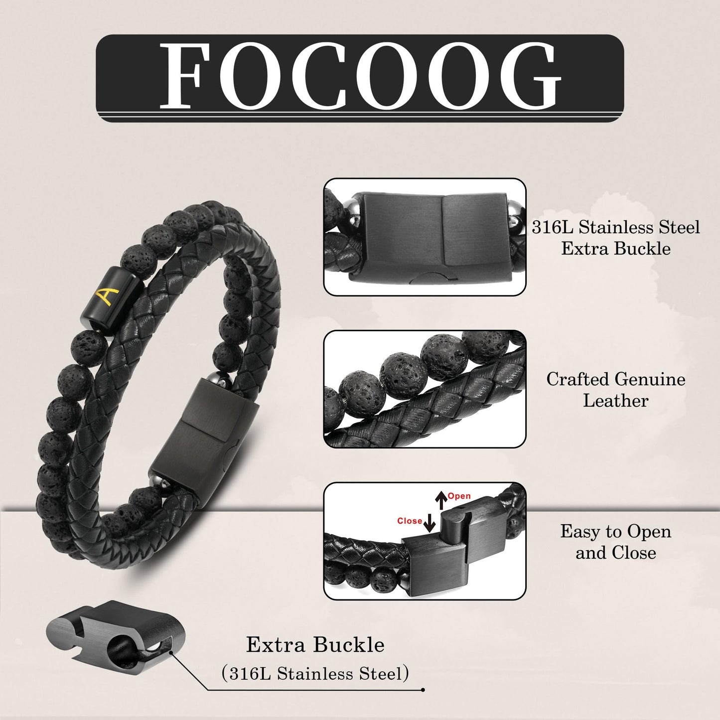 Bracelets for Men - Men Gifts Lava Rock Bead Magnetic Clasp Black Mens Leather Bracelet with Initial Black Mens Leather Bracelets Initial G Bracelet for Men's Jewelry Men's Gifts for Dad Husband Him