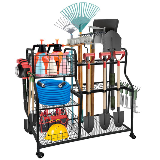 WaifaYie Garden Tool Organizer with 4 Wheels, Garden Tool Rack with 2 Storage Basket, 3 Tier Heavy Duty Utility Garden Tool Storage with 12 Hooks for Yard/Garden/Shed/Garage/Basement/Lawn