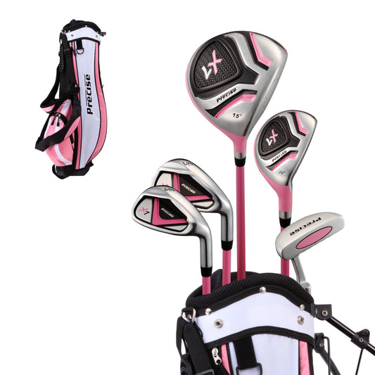 Precise X7 Junior Complete Kids Golf Clubs Set - Boys & Girls Right Handed Kids Golf Set w/ Driver, Hybrid, Irons, Putter, Stand Bag & Headcovers - Youth Golfing Clubs Sets for Ages 9-12 - Pink