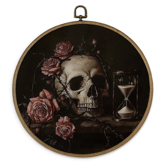 Gnmduw Dark Gothic Skull Floral Wall Art Framed, Dark Academia Skeleton Halloween Round Hanging Wall Decor, Vintage Witchy Floral Canvas Prints Art for Bathroom Bedroom Living Room, 10x10 In