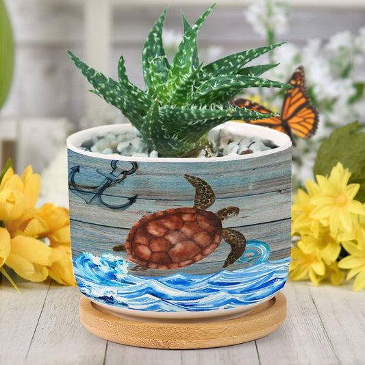 DreamAutumn Ocean Theme Sea Turtle Ceramic Pots for Plants with Drainage Holes Round Flower Pot Bamboo Tray Orchid Pot Succulents Pots for Outdoor Indoor Plants,Housewarming Gifts