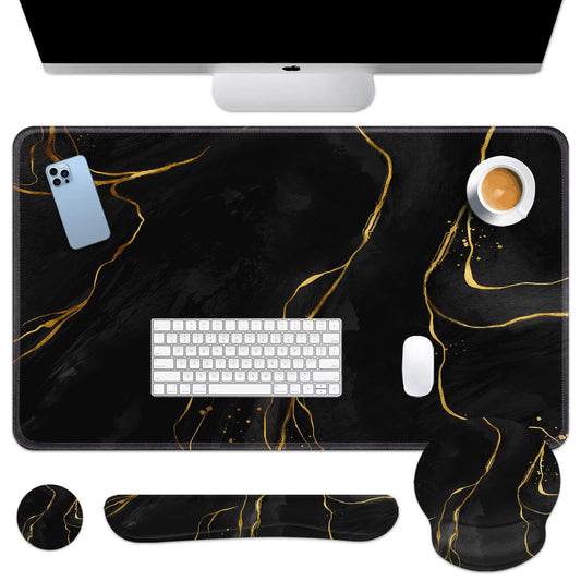 Britimes Black Gold Marble Keyboard Mouse Pad Set 4in1 Large Mousepad+Keyboard Wrist Rest+Mouse Wrist Rest+Coaster Ergonomic Design for Home Office Computer 35.4x15.7 inches