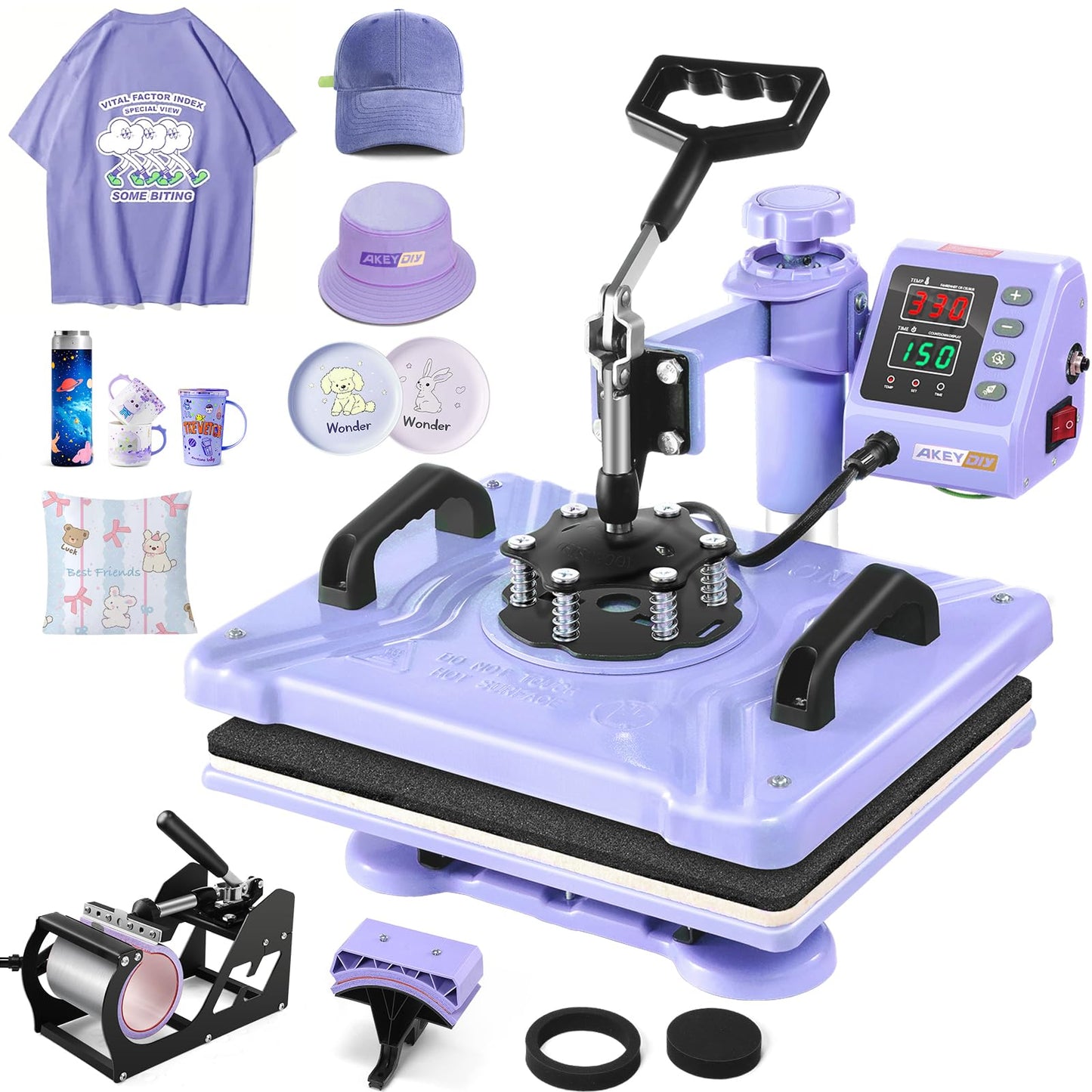 AKEYDIY Upgraded 5 in 1 Heat Press Machine for Tshirts 12X15 Inch, 360° Swing Away Shirt Press Machine for Sublimation, Multifunctional Heat Transfer Machine Combo for Shirts (Purple-5 in 1)