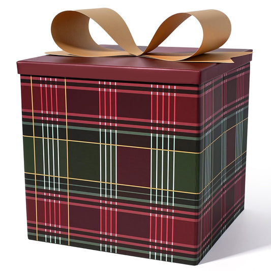BIOBROWN Medium Christmas Gift Boxes with Lids for Presents, 9x9x9 Inches Red and Green Tartan Plaid Design Collapsible Gift Box for Xmas, Party, Holiday