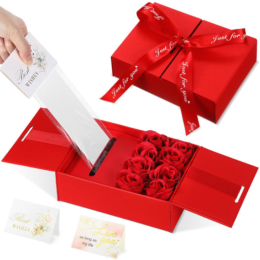 Resholder Money Pull Box for Cash Gift Birthday Money Pull out Gifts with 8 Rose 2 Greeting Card 1 Light String for Mom Husband Wife Anniversary Christmas(Red)