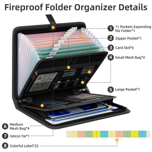 Huolewa Fireproof Accordion File Organizer, Portable Expanding File Folder with Waterproof Zipper&Labels, Black Document Organizer with 13 Pockets, File Organizer for Important Document/Paper Storage