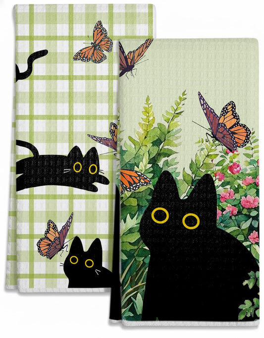 Ilexon Kitchen Towels Set of 2 - Cute Design 18×26 Inch Dish Towels Black Cats Quick Dry Hand Towels Soft & Absorbent, Home Decorative, Terry Cloth Tea Towels (Black Cat)