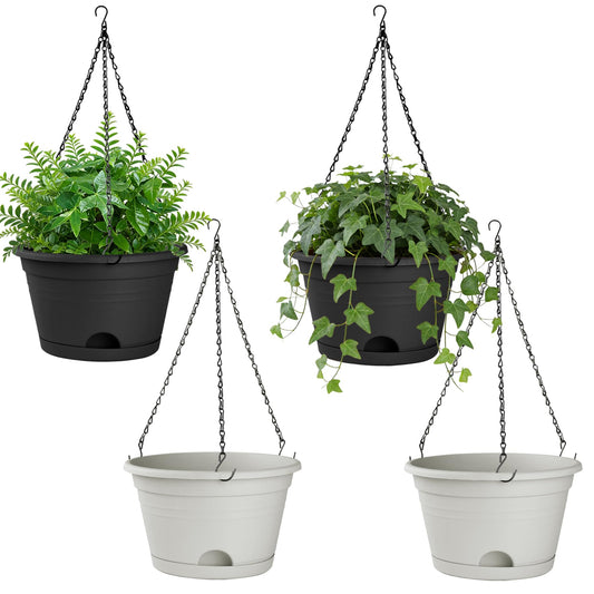 Nooulap 4 Pack Hanging Planters, 10 Inch Plant Pots with Hanger Chain & Drainage Trays, Hanging Baskets for Plants Outdoor Indoor, Flowers Pots for Home, Garden, Porch Decor (2 Grey + 2 Black)