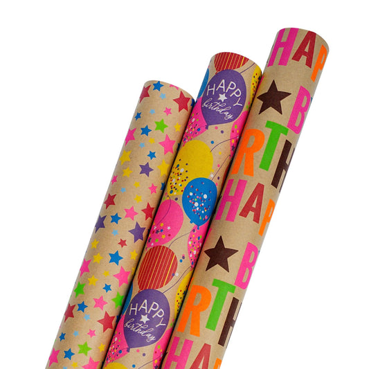 BIOBROWN Kraft Birthday Wrapping Paper - Mini Roll - 17 inch X 120 inch Per Roll - Colorful Text Happy Birthday Balloon Star Design for Party, Baby Shower, Holiday