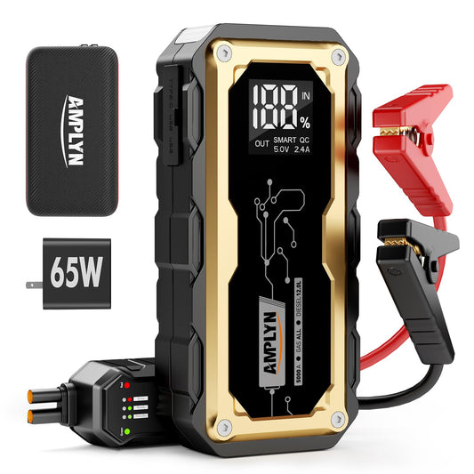 Amplyn Car Jump Starter with 65W Quick Charger 24000mAh Battery Pack,12V Car Battery Jumper Starter Portable,LED Display,All Gas 12L Diesel Engine Booster,Jump Box with LED Light,Jump Cable