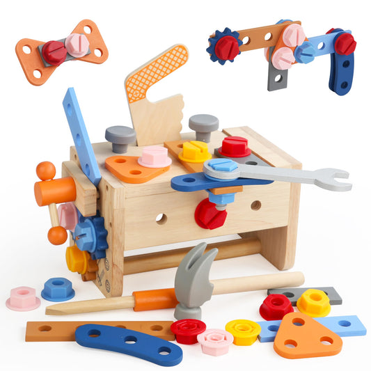 Totatatree Wooden Kids Tool Set, 38PCS Educational STEM Construction Toys for 3+ Toddler, Wooden Tool Bench Montessori Toy Tool Box for 3 4 5 YO Boys & Girls Birthday Gift (36Pcs)