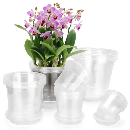 FUOAUYK 7/6/5/4/3 Inch Clear Nursery Pots with Drainage Trays, 25 Pack Plastic Pots for Plants, Clear Pot for Seed Starting, Transplanting, Succulents, and Indoor Gardening (3+4+5+6+7 inch)