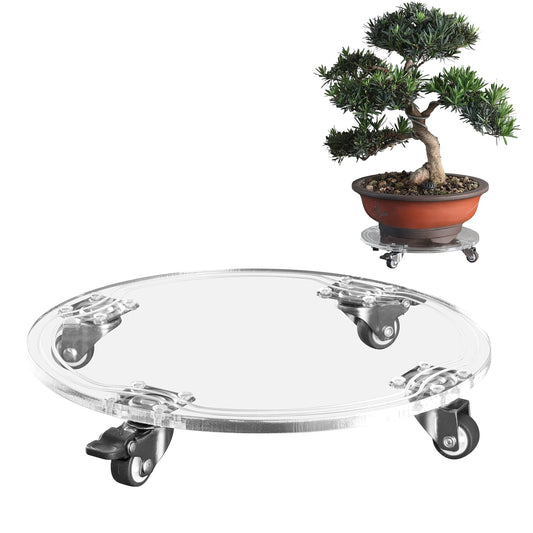 EMCOMS 1PC Plant Caddy 10inch Acrylic Heavy Duty Round Plant Stand with 2 Roller Lockable Caster Wheels,Indoor Outdoor Holds Up 150 Lbs Patio/Flower Pot/Dolly,Transparent