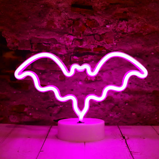 Vicila LED Neon Bat Lights Halloween Decorations, Bat Shape Neon Signs Night Lights Battery Operated Desk Table Lamp for Bedroom, Bar, Wall, Spooky Decor-Bat with Holder Base(Pink)