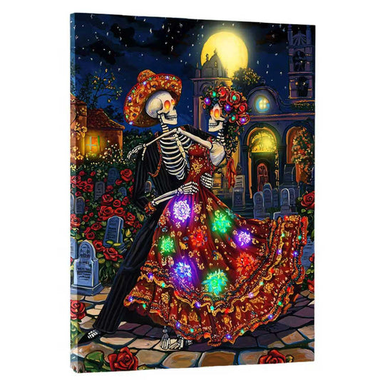 Artiluxy Ghost Bride Skeleton Couple Dance LED Wall Art - 16x20 Inch Day of the Dead Decor with RGB Color Changing Lights & Auto Timer, Vertical Hanging Gifts for Halloween