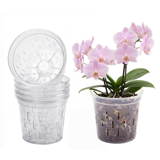 YIKUSH Orchid Pot - 5 Inch Plant Pot 5 Pack Clear Orchid Pots with Holes for Healthy Roots - Clear Design Plastic Plant Pot for Indoor and Outdoor Orchid Care