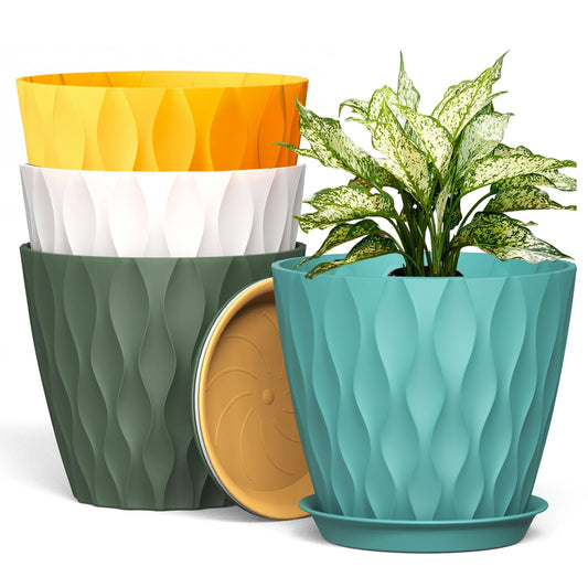 UOUZ 8 Inch Plant Pots, 4 Pack Plastic Planters for Indoor Outdoor with Drainage Holes & Saucers, Waffle Texture Flower Pots for Indoor Plants, Indoor Plant Pots for Monstera, Fiddle Leaf Fig Colorful