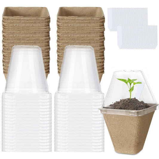 Aulock 36 Sets Plant Nursery Pots with Humidity Dome - 3in Seed Starting Pots, Square Peat Pots with 100 Labels for Garden Flowers Herbs Vegetables Seedlings