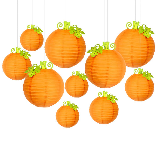 Ycitusi 10 Pack Jack Skellington Pumpkin Paper Lanterns with Realistic Stem & Leaves - 3D Orange Hanging Decor for Halloween Porch, Trick-or-Treat, Fall Wedding & Thanksgiving Party Supplies
