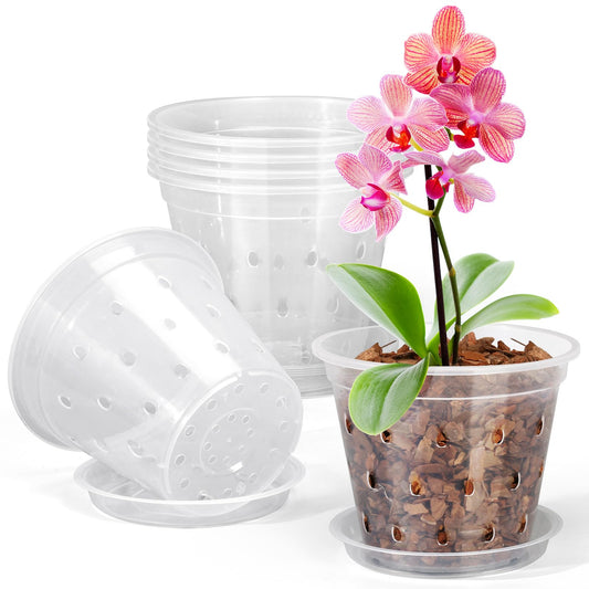 FUIJOL Orchid Pot, 6 Pack 5 Inch Clear Orchid Pots with Holes and Saucers for Repotting, Breathable Slotted Plastic Orchid Planters with Drainage for Root Health Indoor Outdoor (5 Inch)