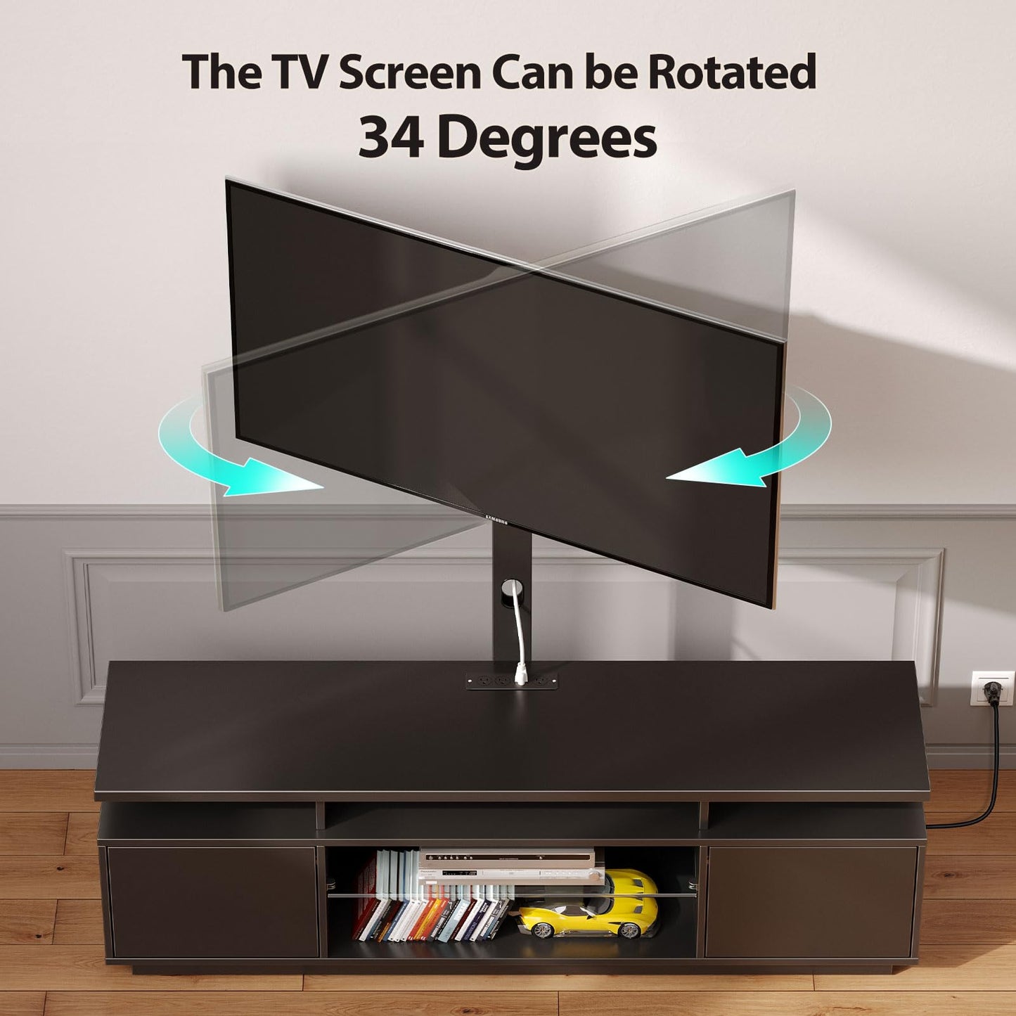 Rolanstar TV Stand with Mount and Power Outlet 59.1", Swivel TV Stand Mount for 32/45/55/60/65/70 inch TVs, Height Adjustable Modern Entertainment Center with Storage & LED Lights, Black TV Table