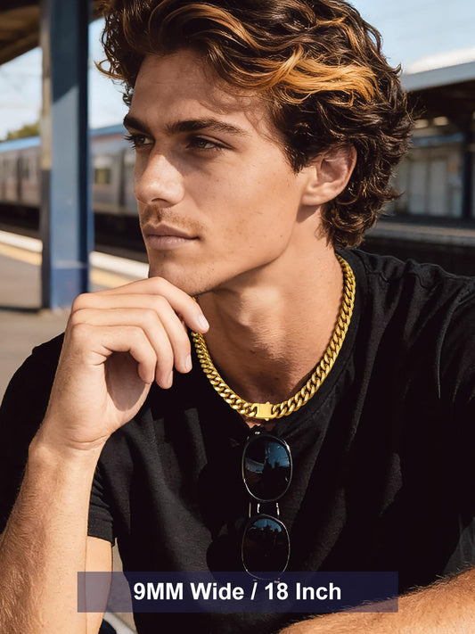 Bandmax Mens 9MM Chunky Chain Necklace 24 Inches 14K Gold Plated Miami Cuban Link Chain for Men Cool Big Rapper Chains Gift for Him