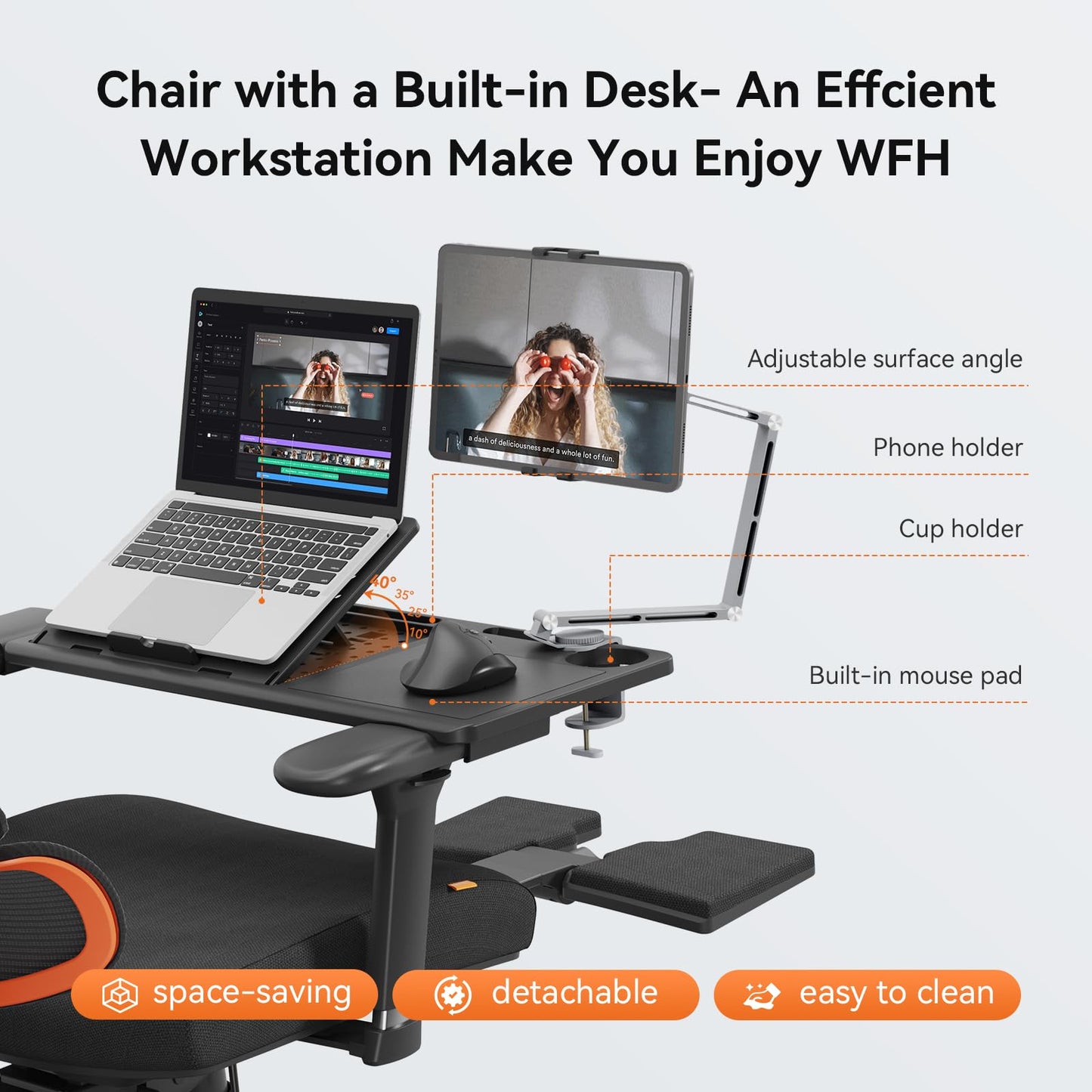 Newtral Office Chair Ergonomic - Home Office Desk Chair, Back Pain Chair with Auto-Following Lumbar Support, 4D Armrest, Seat Depth and Height Adjustable (Foot Rest + Laptop Tray, Black)