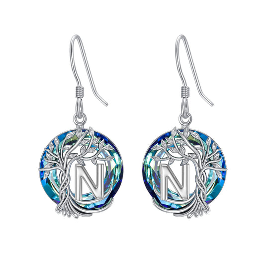 TOUPOP Tree of Life Initial Earrings Sterling Silver Initial N Letter Drop Dangle Earrings Blue Circle Crystal Family Tree Jewelry Birthday Mothers Day Gifts for Women Mom Her