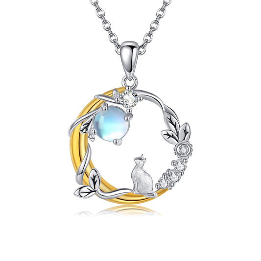 YAFEINI Cat Necklace 925 Sterling Silver Moonstone Moon and Cat Pendant Christmas Mother's Day Jewelry for Women Mom