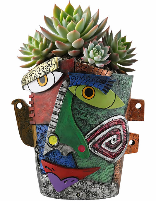 Yhupl Picasso Abstract Face Flower Pot,Unique Resin Crafted Planter with Drainage Holes,Interesting Colorful Planter with Human face,for Indoor and Outdoor Botanical Home décor (Frown)