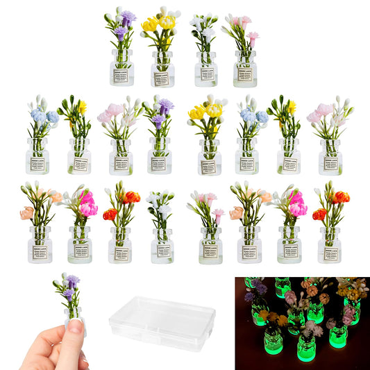 Hanycon 20PCS Cute Flower Bouquet in Glass Vase Miniature Flowers with Luminous Vase Mini Artificial Plants for Fairy Garden DIY Garden Plant Pot