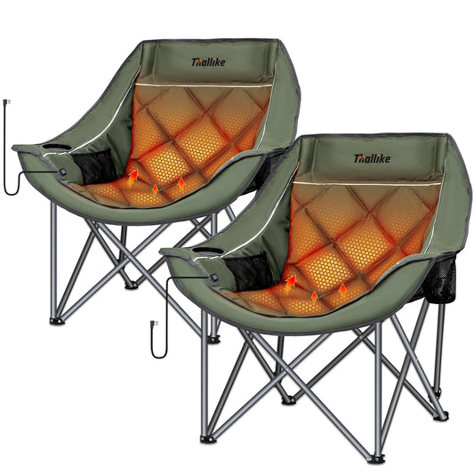 Heated Oversized Camping Chair for Adults Portable Folding Padded Chair with 3 Heat Levels Cup Holder Side Pocket and Carry Bag for Camping Outdoor Sports Picnic Green 2 Pack Set Supports up to 450lbs
