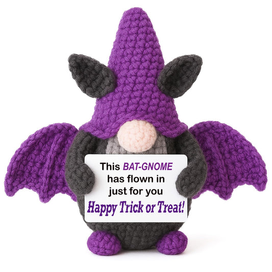 Weming Halloween Treats Non Candy, Crochet Purple Bat Gnome with Greetings, Halloween Toy Gifts, Goodie Bag Stuffers in Treat Bag & Boo Basket