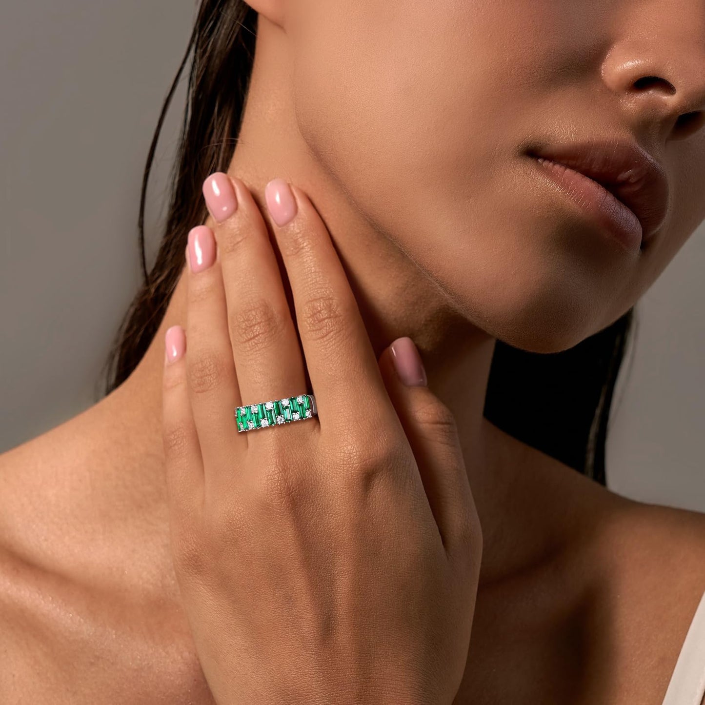 RANDES Womens Eternity Wedding Bands Emerald Ring 925 Sterling Silver Band Emerald Engagement Ring 7mm Wide Green Stone Ring Size 9