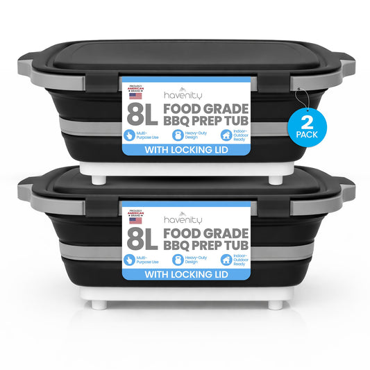 Havenity BBQ Prep Tub 2 Pack (8L+8L) - Multifunctional Collapsible Camping Cutting Board with Upgraded Locking lid, Meal Prep Meat Storage Container Perfect for Grilling, Outdoor Cooking (Large x 2)